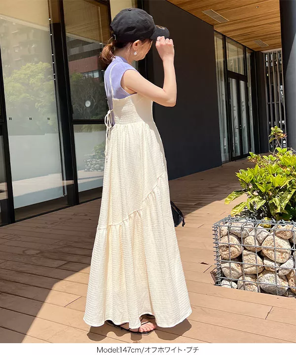 コエルCOEL ふくれジャガード マキシ キャミワンピース リボン コエル