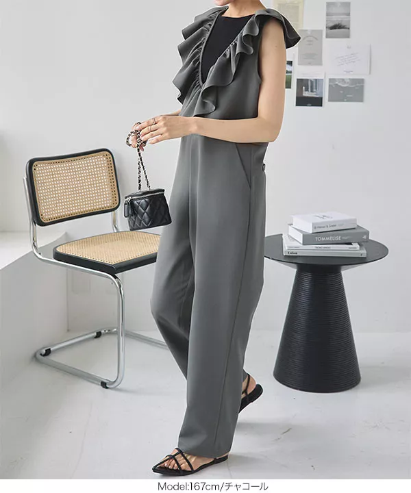 ディープネックフリルオールインワン [E3281] - レディース