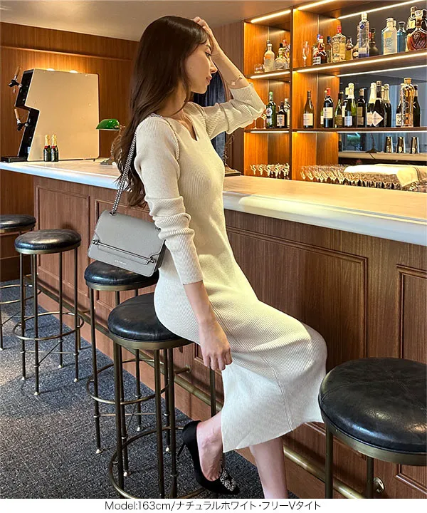 [ 岡部あゆみさんコラボ ]選べるネックとタイプ リブニットロングスリーブワンピース [E3298]