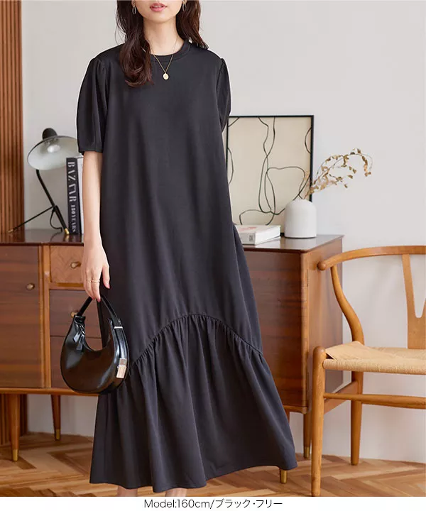 裾切替えボリュームスリーブマキシワンピース [E3323] - レディース