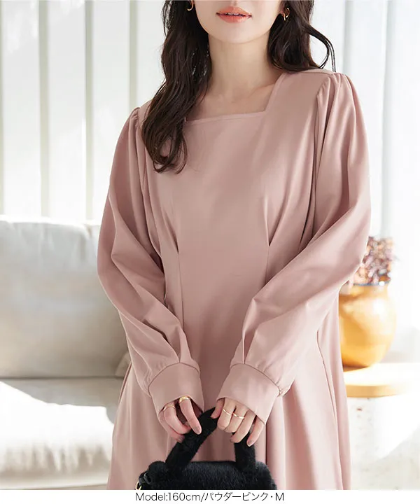 裏微起毛 ] スクエアネックウエストタックポンチワンピース [E3344