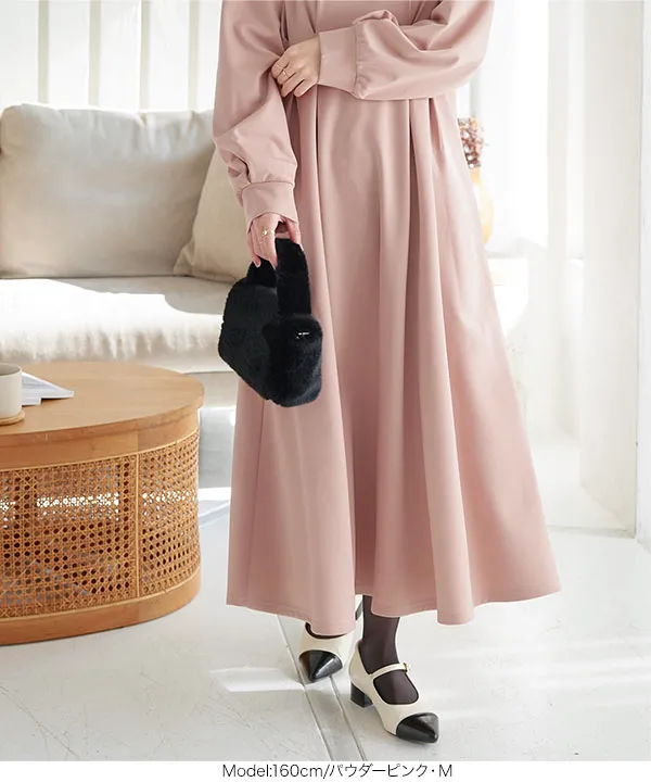 裏微起毛 ] スクエアネックウエストタックポンチワンピース [E3344