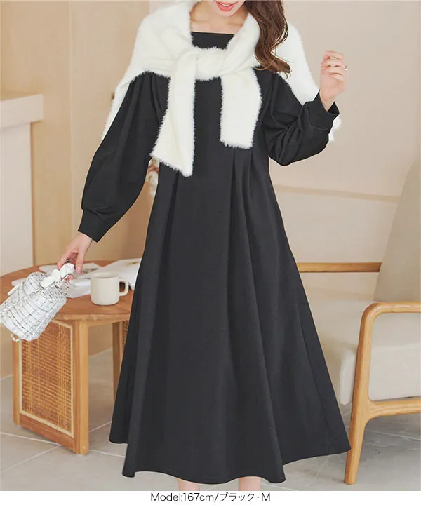 裏微起毛 ] スクエアネックウエストタックポンチワンピース [E3344