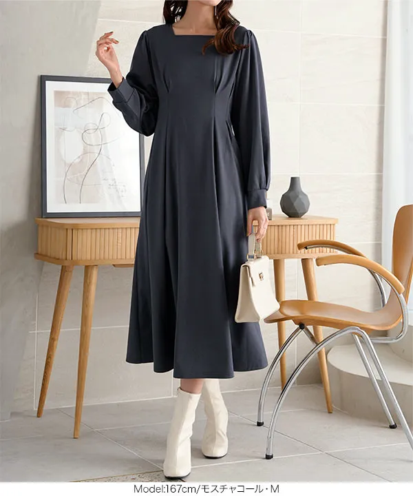 裏微起毛 ] スクエアネックウエストタックポンチワンピース [E3344
