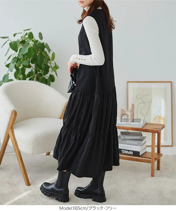 切替ディープVネックジャンスカワンピース [E3366] - レディース