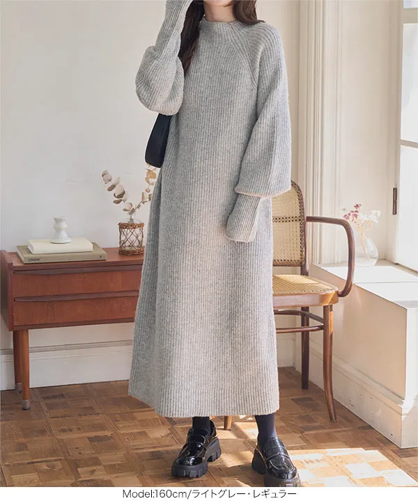 選べる3サイズ 指穴つきロングカフスリブニットワンピース [E3397