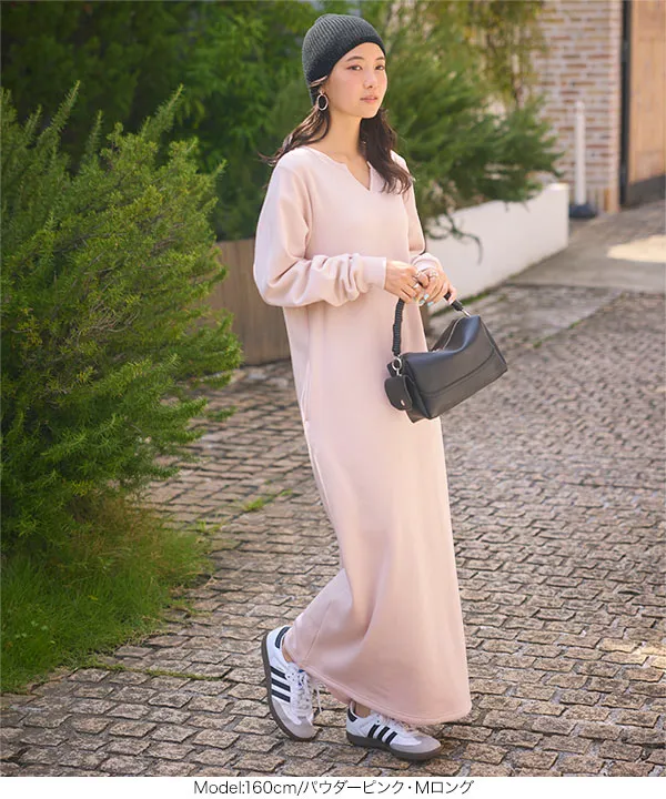 ぬく盛り ] 選べる丈 キーネックマキシワンピース [E3435