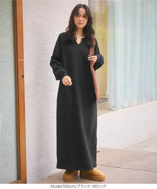 ぬく盛り ] 選べる丈 キーネックマキシワンピース [E3435