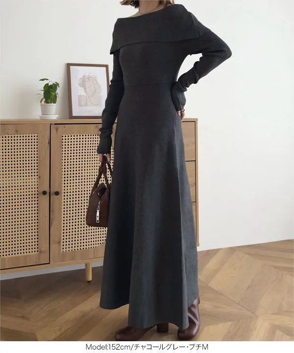 マルチway フィット＆フレアオフショルニット長袖ワンピース [E3444