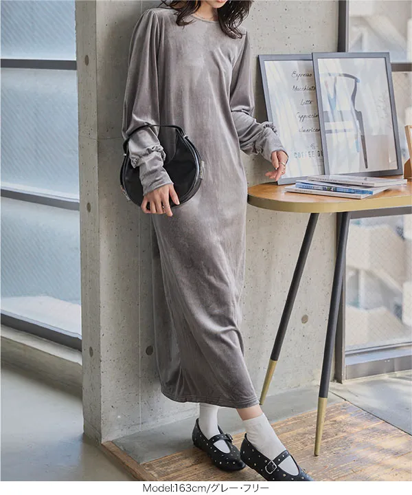 パフスリーブベロアロングワンピース [E3466] - レディース