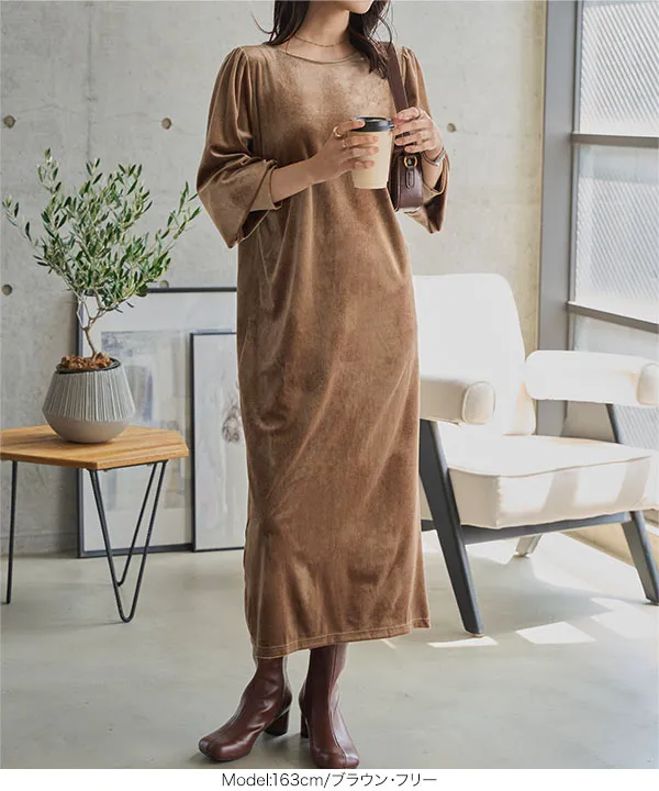 パフスリーブベロアロングワンピース [E3466] | SALE！ - レディース