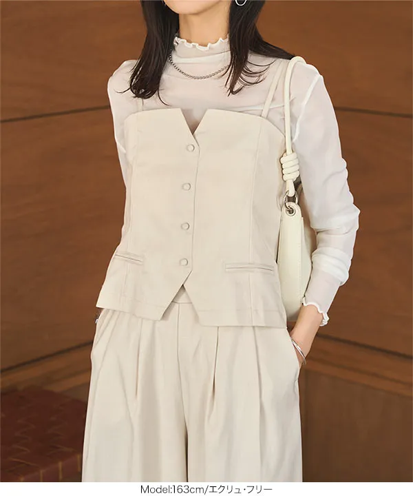 麻タッチキャミベスト×タックパンツセットアップ [E3482] - レディース