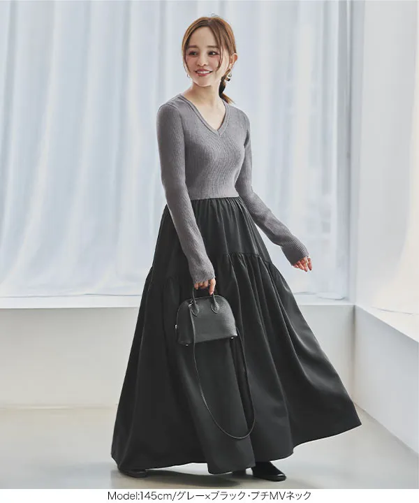 田中亜希子さんコラボ ]選べるネック 異素材ドッキングワンピース