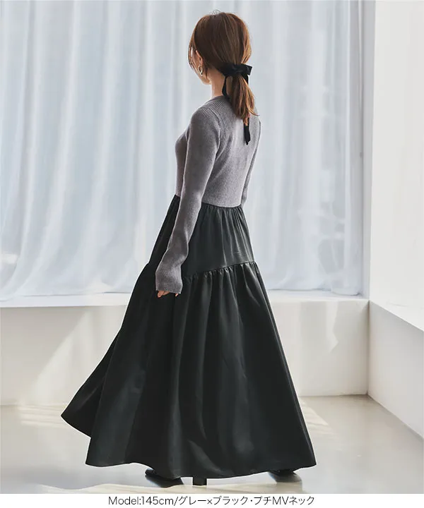 田中亜希子さんコラボ ]選べるネック 異素材ドッキングワンピース