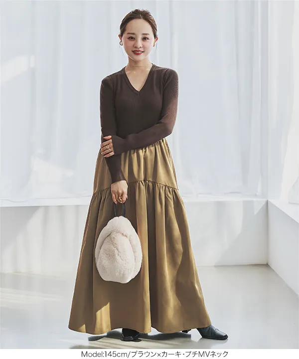 ワンピース nana 田中亜希子さんコラボ ]選べるネック 異素材ドッキング