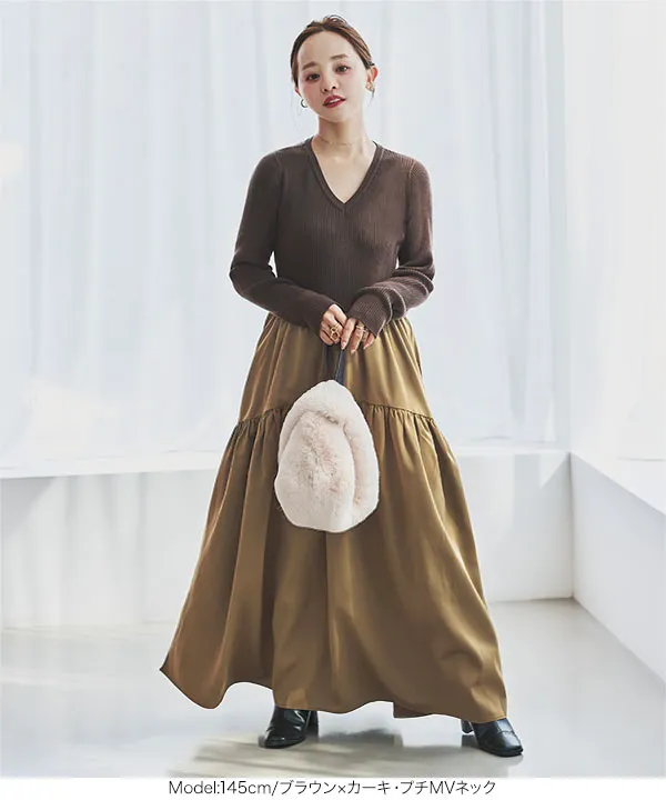 田中亜希子さんコラボ ]選べるネック 異素材ドッキングワンピース