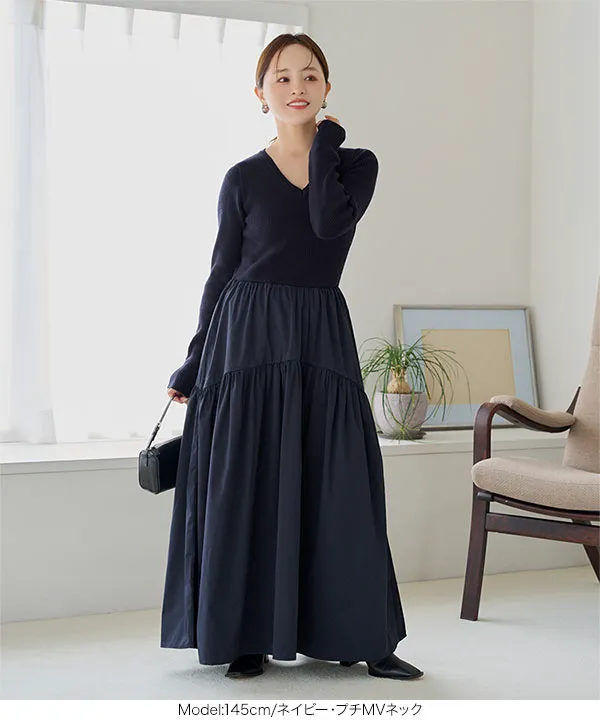 田中亜希子さんコラボ ]選べるネック 異素材ドッキングワンピース