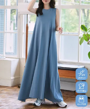 M L 汗じみ防止＆UVカット ] カップ付きノースリーブワンピース [E3519