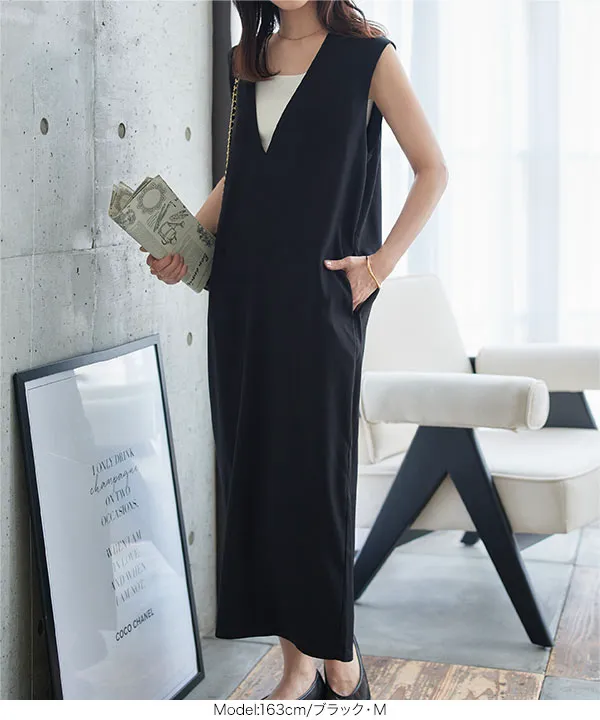 深Vネックストレートシルエットワンピース [E3521] - レディース