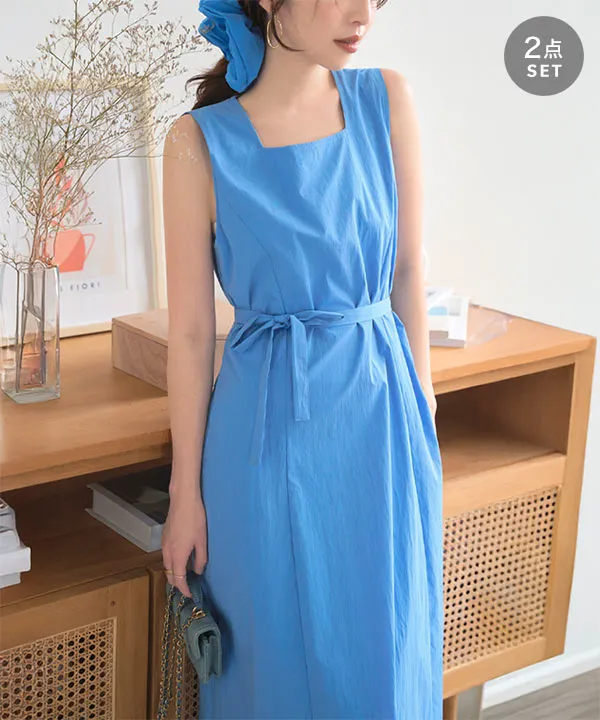 シュシュ付き スクエアネックロングワンピース [E3525] - レディース