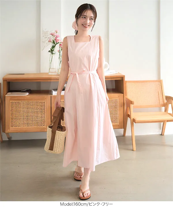 シュシュ付き スクエアネックロングワンピース [E3525] - レディース