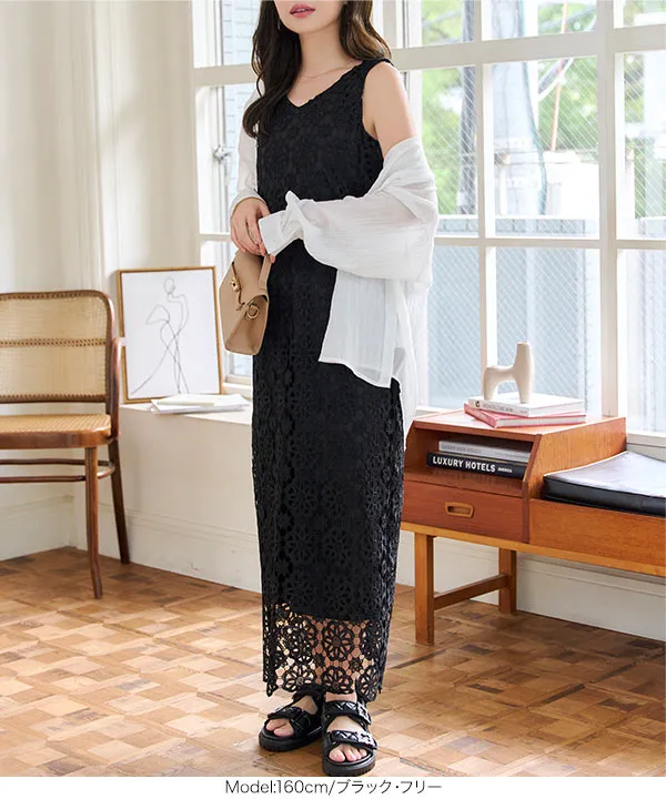 ブラックレースワンピース リボン付き レースレディース Lace Ladies ウエストリボン付きサテン風A