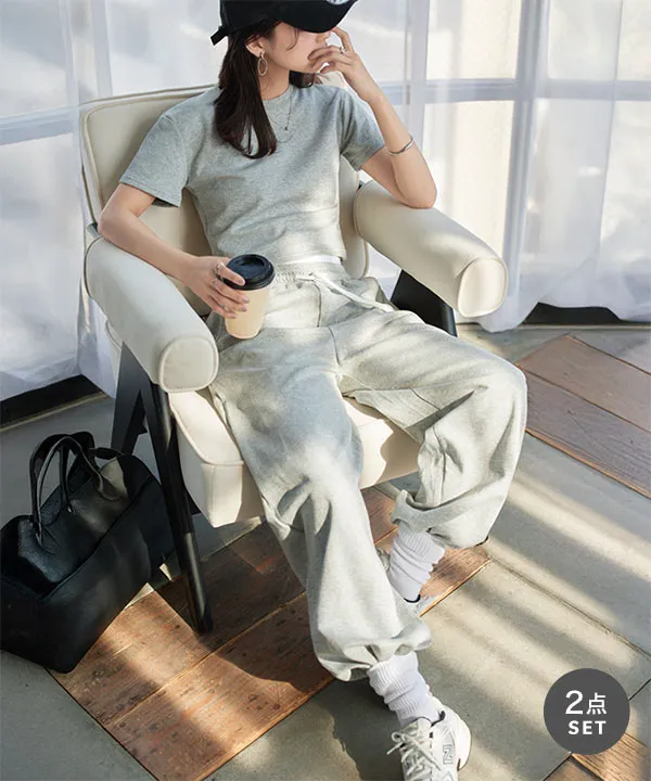 クロップドTシャツ×ダブルウエストパンツセットアップ [E3530