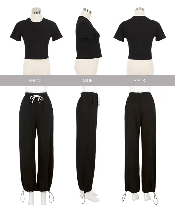 クロップドTシャツ×ダブルウエストパンツセットアップ [E3530