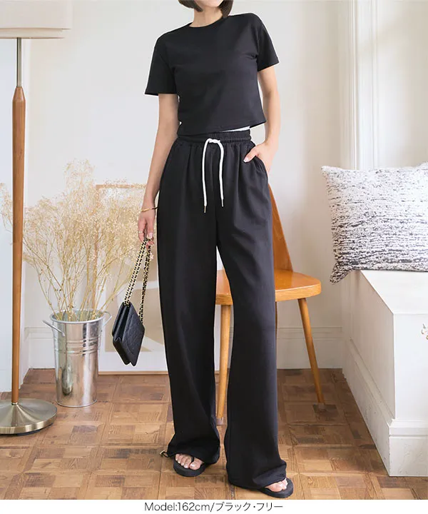 クロップドTシャツ×ダブルウエストパンツセットアップ [E3530