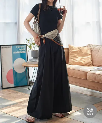 スカーフ×Tシャツ×タックパンツセット [E3531] - レディース