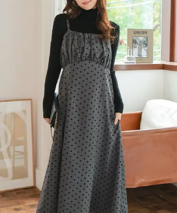 フロッキードット ギャザーワンピース [E3543]