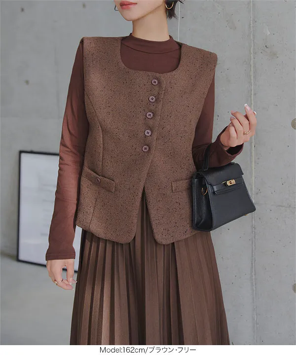 裏起毛 ] あったかプリーツロングワンピース＆ツイードベスト 2点