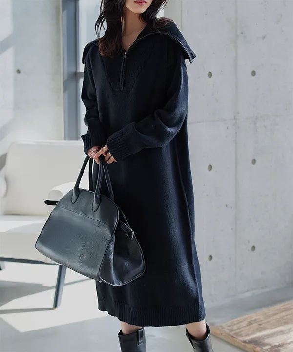 フロントジップカラーニットワンピース [E3562] - レディース