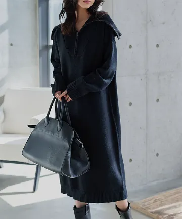 フロントジップカラーニットワンピース [E3562] - レディース