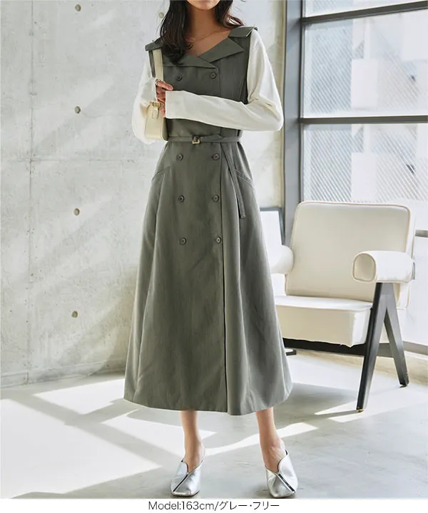 ウエストベルト付きジレワンピース [E3563] - レディースファッション