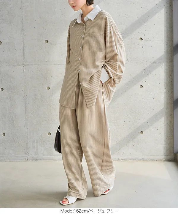 EVISU ベージュ柄 シャツ ショートパンツ セット ストライプ柄シャツ×パンツセット [E3576] - レディースファッション