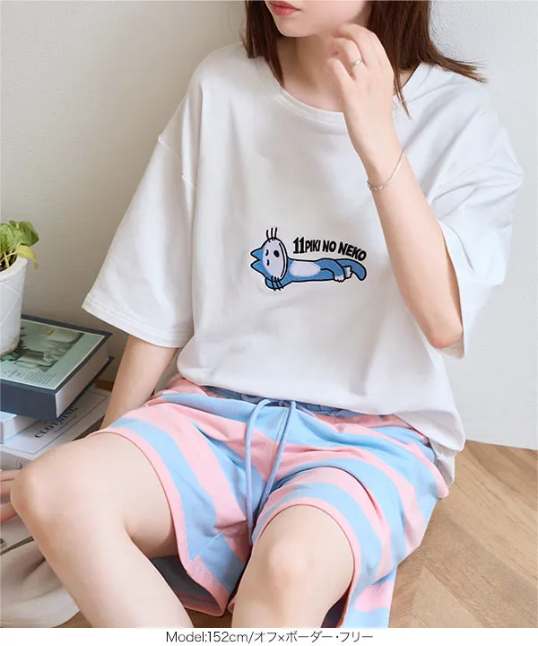 [ 11ぴきのねこコラボ ] 2点セットミニ裏毛半袖トップス×ハーフパンツルームウェア [E3615]