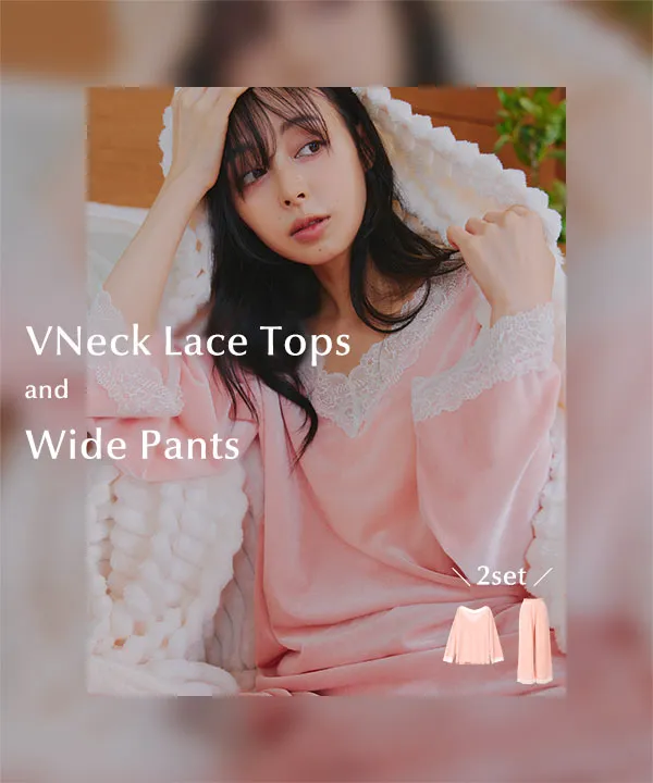 ベロア2点セットVネックレーストップスワイドパンツセット [E3626