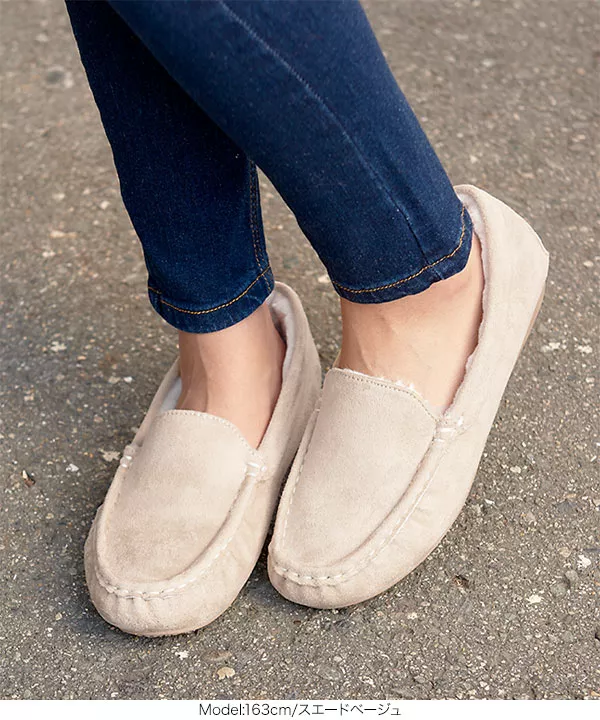 ベージュ スエード ファー モカシン アグ UGG ANSLEY ウールボア スリッポン ローファー モカシン
