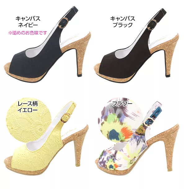 キャンバス/レース/フラワー]6color☆コルクヒールバックレス