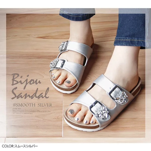 スムース/デニム/ツイード]ビジュー付きベルトスポーツサンダル