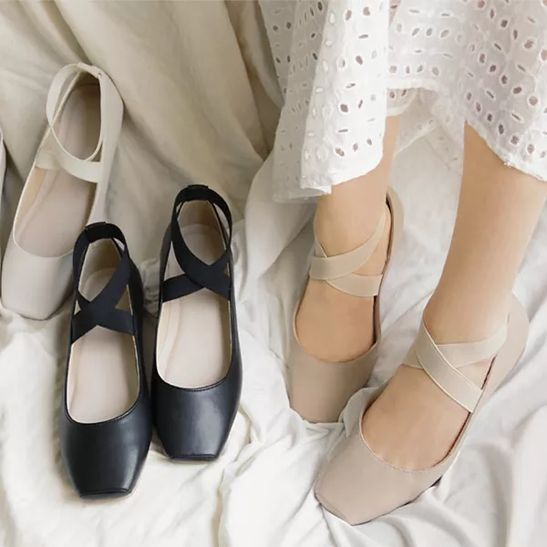 スクエアゴムストラップバレエパンプス [I1878] - レディース