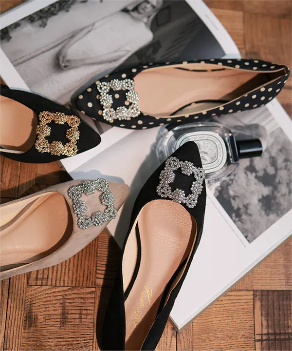 ビジューフラットポインテッドトゥパンプス [I2476] - レディース