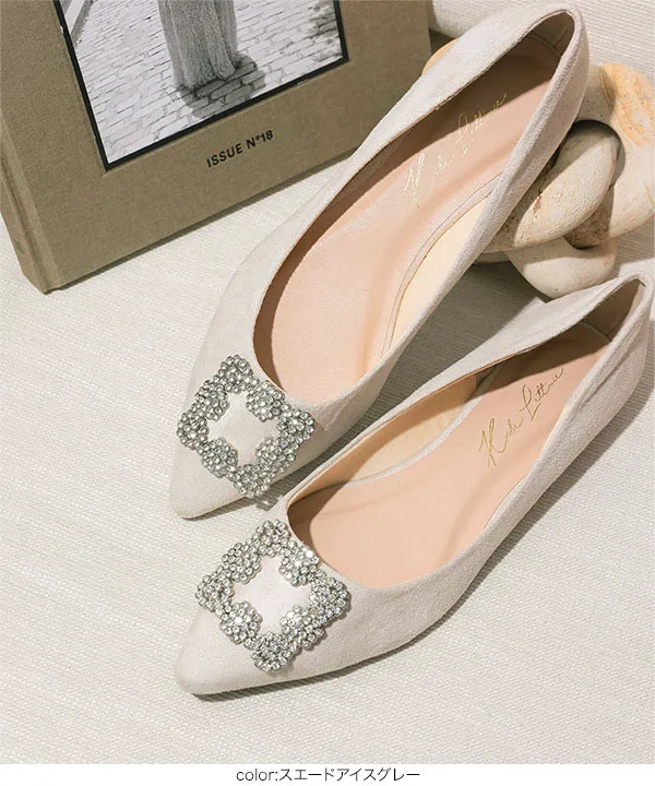 ポインテッドフラットビジューパンプス ポインテッドトゥ フラット ビジューバックル パンプス