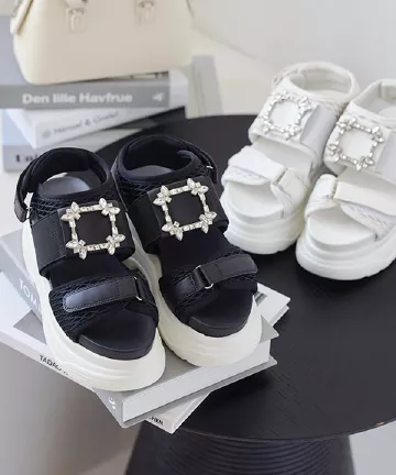 ビジューベルクロ厚底サンダル [I2564]