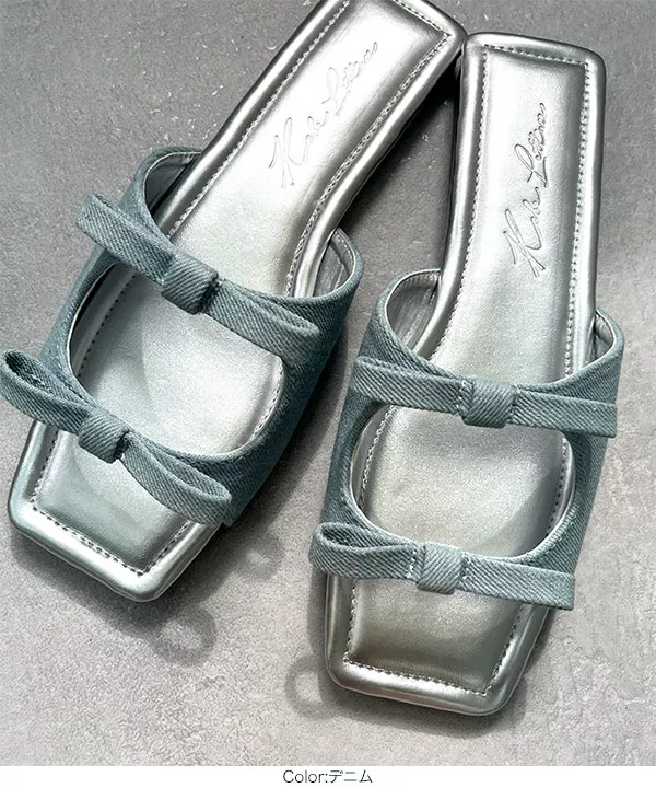 ダブルリボンスクエアフラットサンダル [I2569] - レディース