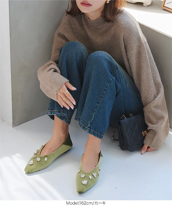 ビジューベロアフラットパンプス [I2640] - レディースファッション