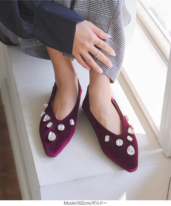 ビジューベロアフラットパンプス [I2640] - レディースファッション