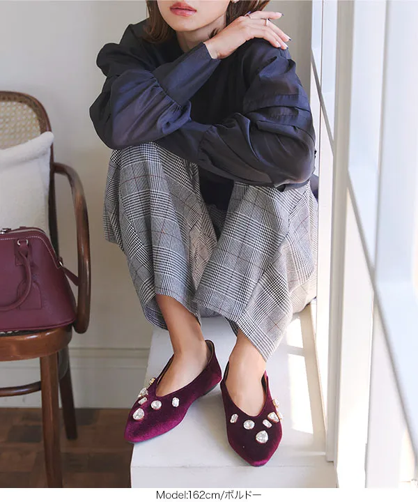 ビジューベロアフラットパンプス [I2640] - レディースファッション