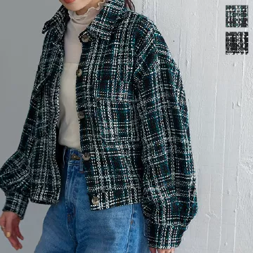 ツイード柄ボリュームスリーブショートジャケット [K1066]